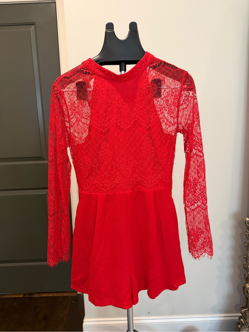 Lush Red Lace Long Sleeve Romper Size M